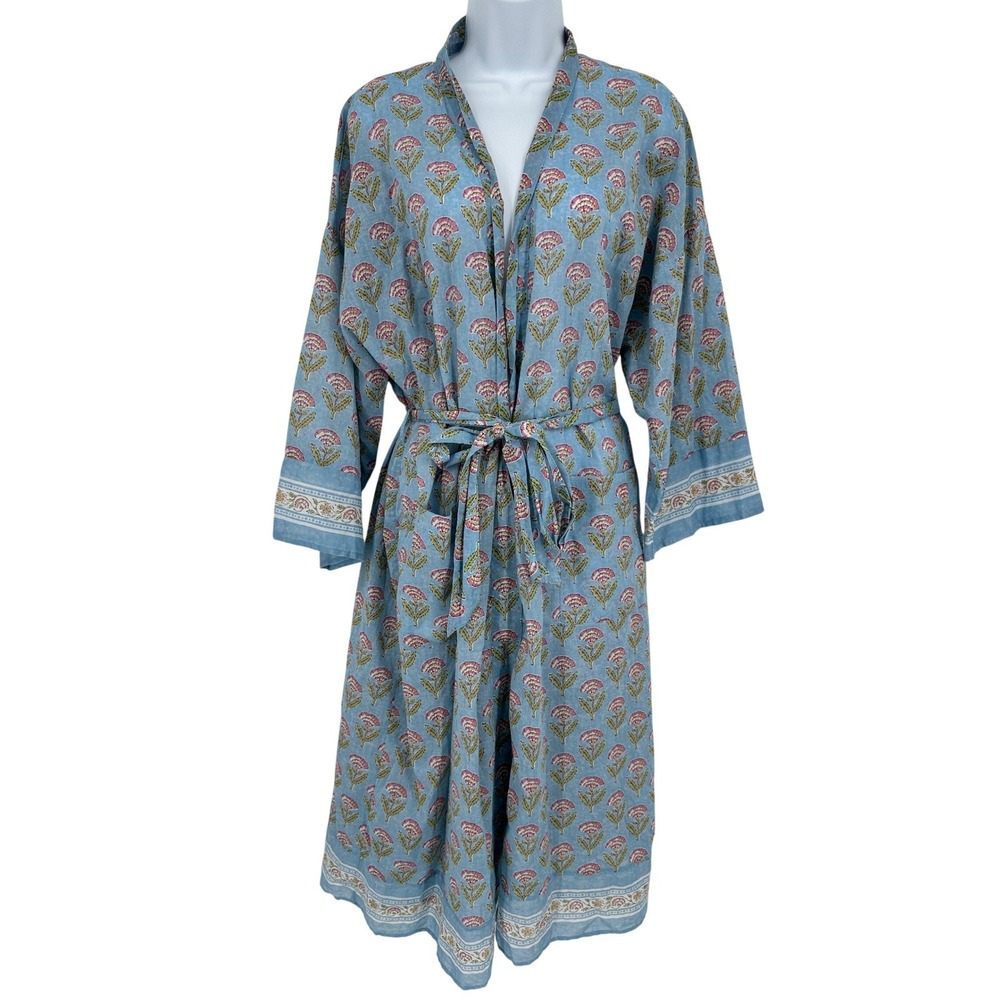 Oysho Womens Blue Floral Cotton Robe Kimono Belted Pockets Lightweight S/M